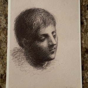 Granaatappel Publicaties Ansichtkaart Pablo Picasso Jongenshoofd Tete De Jeune Homme Vetkrijt op roze Michallet gelegd papier
