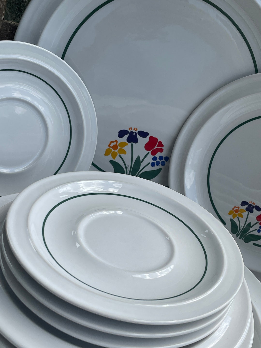 Vintage Anchor Hocking Dinnerware Greenhouse Pattern Floral Basket Green Trim Farmhouse