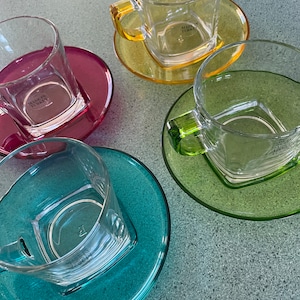 Pasabache Colored Glass Cofee Set Made in Turkey Gemstone Colored Glass Tea Set Multi Colored Glass Toddy Cups and Saucers Set of 4