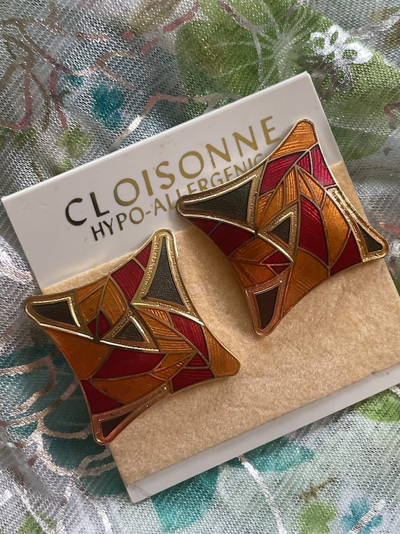 Vintage Cloisonné Earrings: Geometric Enamel Inlay, 1980s Jewelry