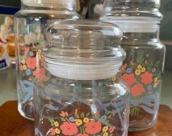 Botes de vidrio vintage de los años 80, con lazo azul, color rosa salmón, con diseño floral, para cocina, estilo rústico, juego de 3, T6 (LEER DETALLE)