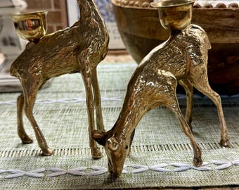 Vintage Brass Deer Candle Holders Set Standing Buck & Grazing Doe Taper Candle Sticks Mid Century Hollywood Regency Christmas Holiday Decor
