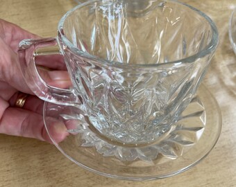 Vintage Anchor Hocking Crown Point Punch Cups with Mismatched Saucers, Set of 4