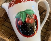 Pottery Water Pitcher, Mary Englebreit Cherry Cameo Pattern Milk Pitcher, Farmhouse Decor, At Home with Mary Englebreit, Vintage 2001, BINC