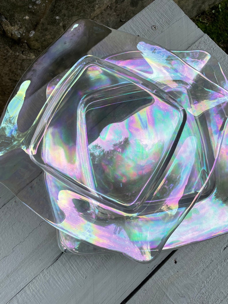 Iridescent Rainbow Square Glass Dinner Plates Lusterware Etsy