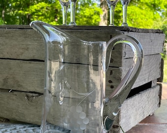 Hand Blown Pitcher and Glasses Clear Grape Pattern Wine Glasses Mid Century Barware Lemonade Pitcher Set of 5  #BS READ DETAIL
