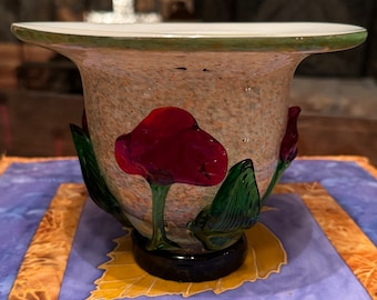 Jarrón de vidrio soplado a mano: estilo Murano, rojo, floral, Rigaree