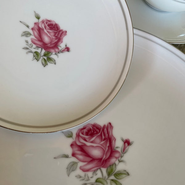 Imperial Rose Fine China Japan Porcelain Dinnerware Pink Roses Gray Band Silver Trim Service for 4, Set of 16, #TC READ DETAIL