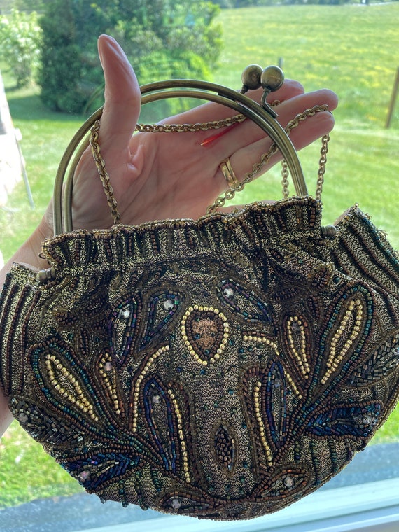 Gold Lame’ Hand Beaded Purse Formal Evening Bag V… - image 1