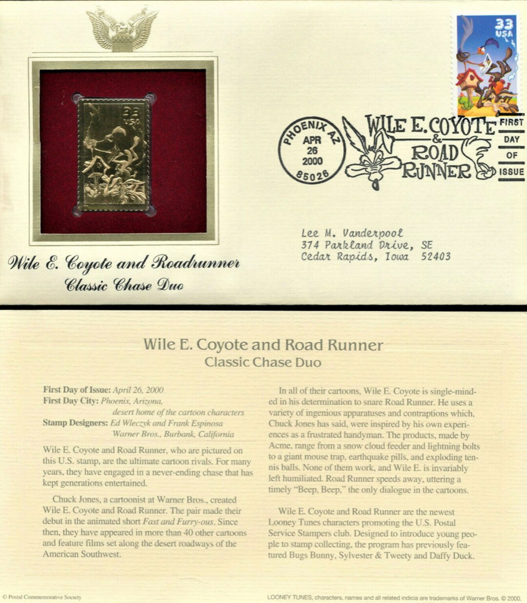 Golden Replicas of United States Stamps Wile E. Coyote & Road Runner