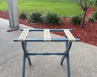 Vintage Blue Scheibe Wood Luggage Folding Rack Stand Tapestry Fabric Straps