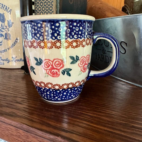 Rare Handmade Polish Pottery Vena Coffee Mug Rose Garden Boleslawiec Ceramics Cobalt Blue Dots Circles Farmhouse