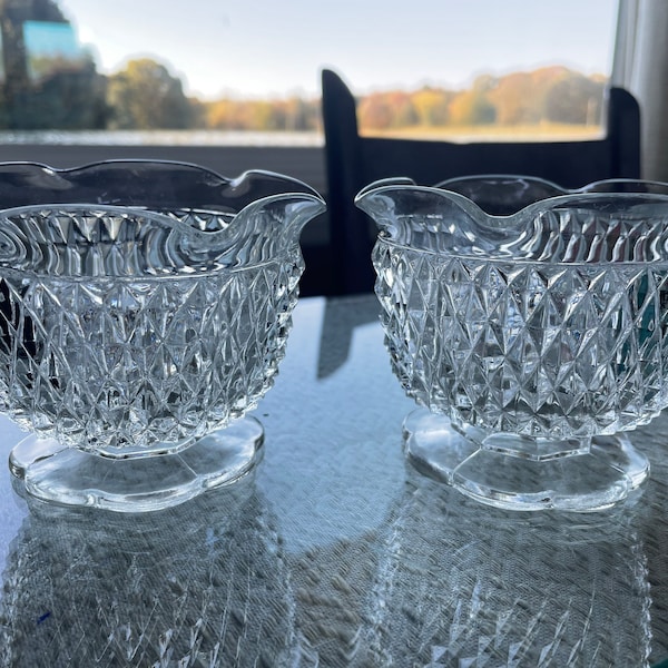 Diamond Point Clear Candle Bowl Indiana Glass Taper Candle Holder Footed Glass Candle Bowls Set of 2, #T3