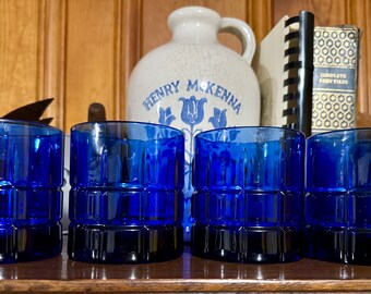 Vasos de cóctel vintage Anchor Hocking Tartan Rocks, azul cobalto, juego de 4