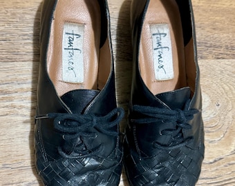 Vintage Woven Black Leather Oxford Flats - 1960s Fanfares Size 6