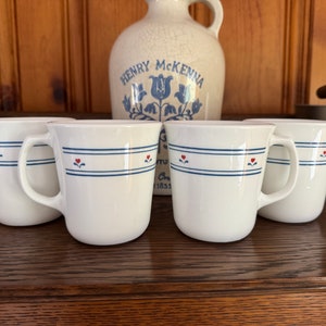 Corning Ware Country Hearts Pattern Coffee Cups Vintage Corelle Mugs Blue Trim Red Flowers Set of 4 #T1