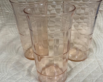 Block Optic Pink Glass Tumblers Flared Rim Anchor Hocking Highball Glasses Set of 3