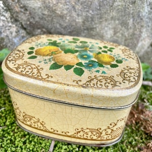 English Tin Lidded Trinket Box Aqua Yellow Gold Teabag Tin Metal Storage Box #BIN G