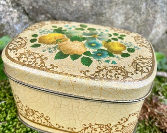 Vintage English Tin Trinket Box: Floral Lidded Metal Storage