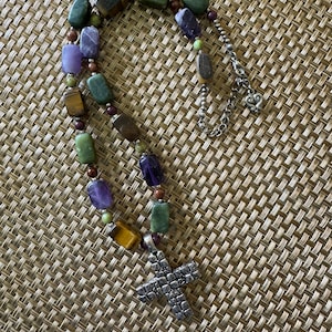 Vintage Cross and Semi Precious Stone Beaded Necklace Tiger Eye Amethyst Jade Silver Metal Fastener Religious Jewelry READ DETAIL
