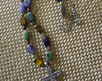 Vintage Cross and Semi Precious Stone Beaded Necklace Tiger Eye Amethyst Jade Silver Metal Fastener Religious Jewelry READ DETAIL