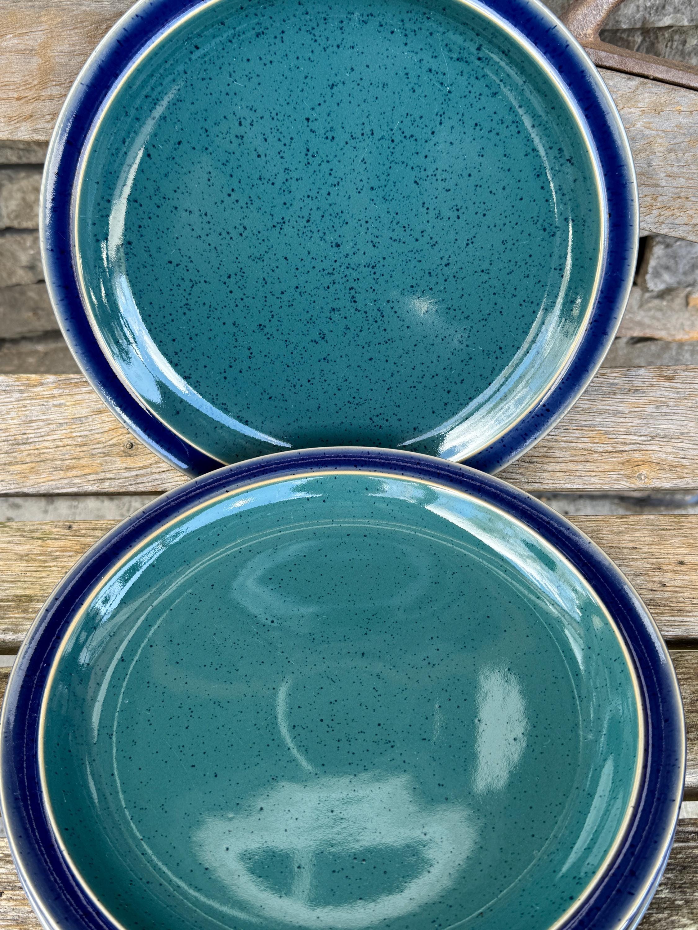 Denby Langley Harlequin Dinner Plates Green & Blue Pottery
