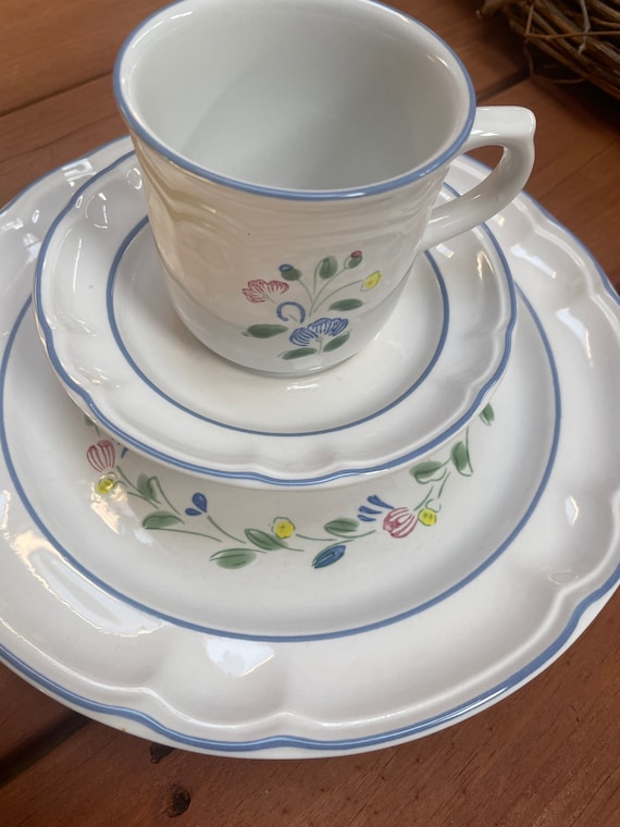 Vajilla Floral Expressions Hearthside con ribete azul blanco y estampado floral Vendido por pieza B7B LEER DETALLE Etsy Mexico