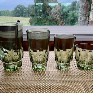 Hazel Atlas Reflection Green Tumblers Whiskey Glasses Coolers with Small Base Vintage 1970&#39;s Glasses Vintage Barware #BS