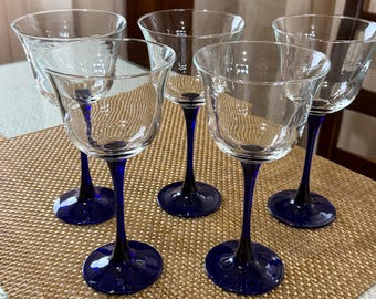 Vintage Wine Glasses Cobalt Blue Stems Bell Shape Bowl Cocktail Glasses Set of 5