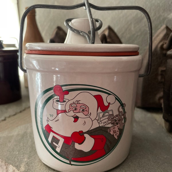 Stoneware Christmas Butter Crock Santa Claus Canister Old Tavern Advertising Jar Bale Wire Christmas Crock #B1B