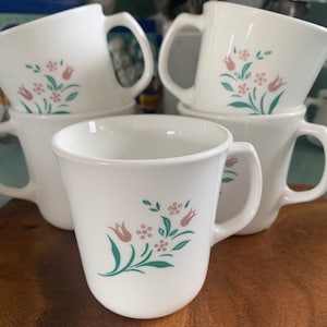 Corelle Rosemarie Pattern Coffee Cups Vintage CorellePink Flowers Mint Colored Leaves on White, Set of 5, #C2