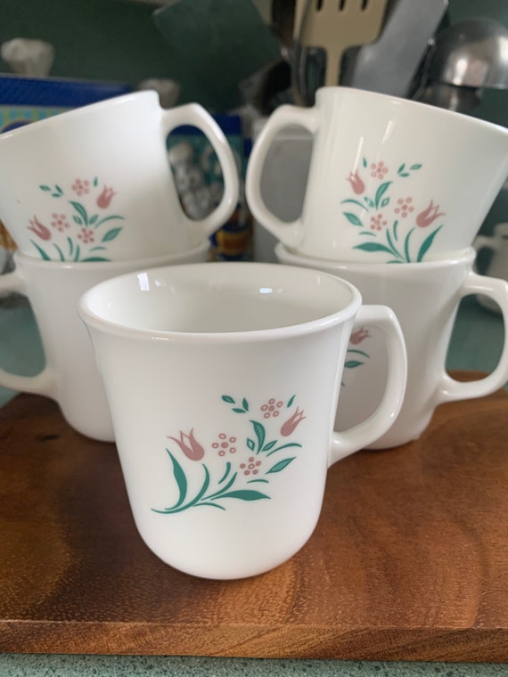 Corelle Rosemarie Pattern Coffee Cups Pink Flowers Mint Colored Leaves