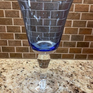 Blue Glass Water Goblets Blue Bowl Iced Tea Glasses Clear Stem and Foot Blue Stemware Set of 3