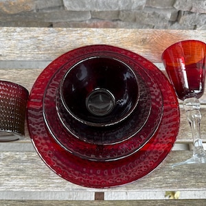 Vintage Ruby Red Glass Dinnerware Red Wine Glasses Hobnail Basket Weave Glass Pattern Set of 24 Pieces READ DETAIL
