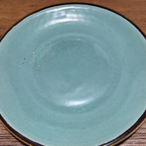Può includere: Un piatto rotondo in ceramica color turchese con un bordo marrone scuro. Il piatto ha una superficie liscia ed è posto su uno sfondo di legno. Il piatto è un pezzo di stoviglie semplice ma elegante.