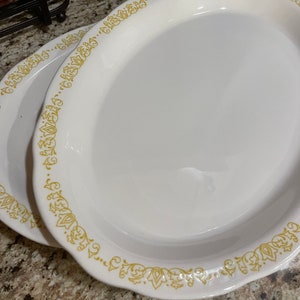 Buffalo China Restaurant Diner Ware Platters Rare Oval Scalloped Edge Yellow Scroll & Flower Pattern Vintage Diner Ware Set of 2 READ DETAIL