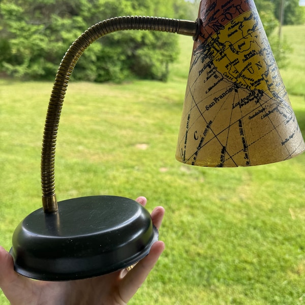 Vintage Brass Gooseneck Desk Lamp North America Map Globe Office Decor Mid Century Lamp Vintage Lighting