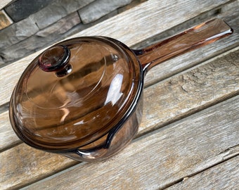 Visions USA Cookware Brown Glass 1L Spouted Pot with V1C Lid Vintage Corning Visions Sauce Pot READ DETAIL