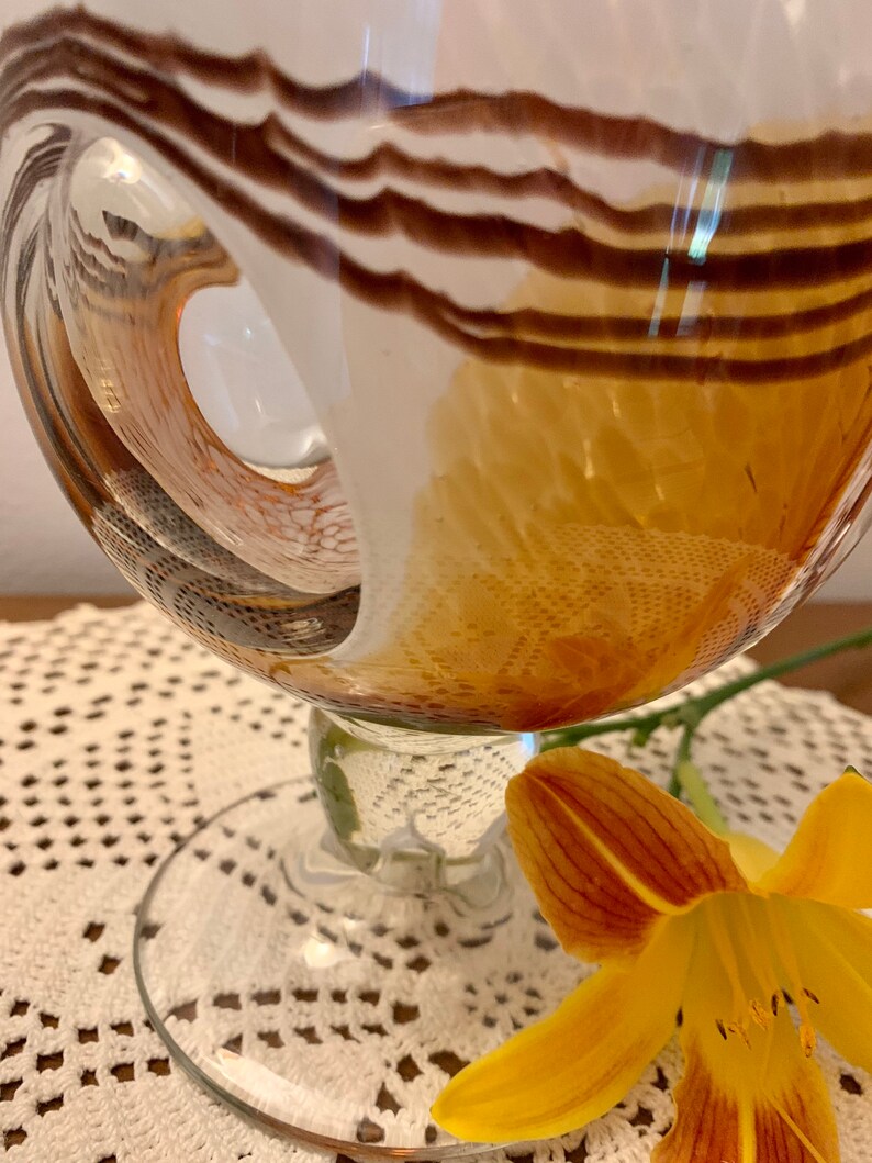 Vintage Italian Art Glass Vase: Handblown Brown, Gold & White Swirl image 2