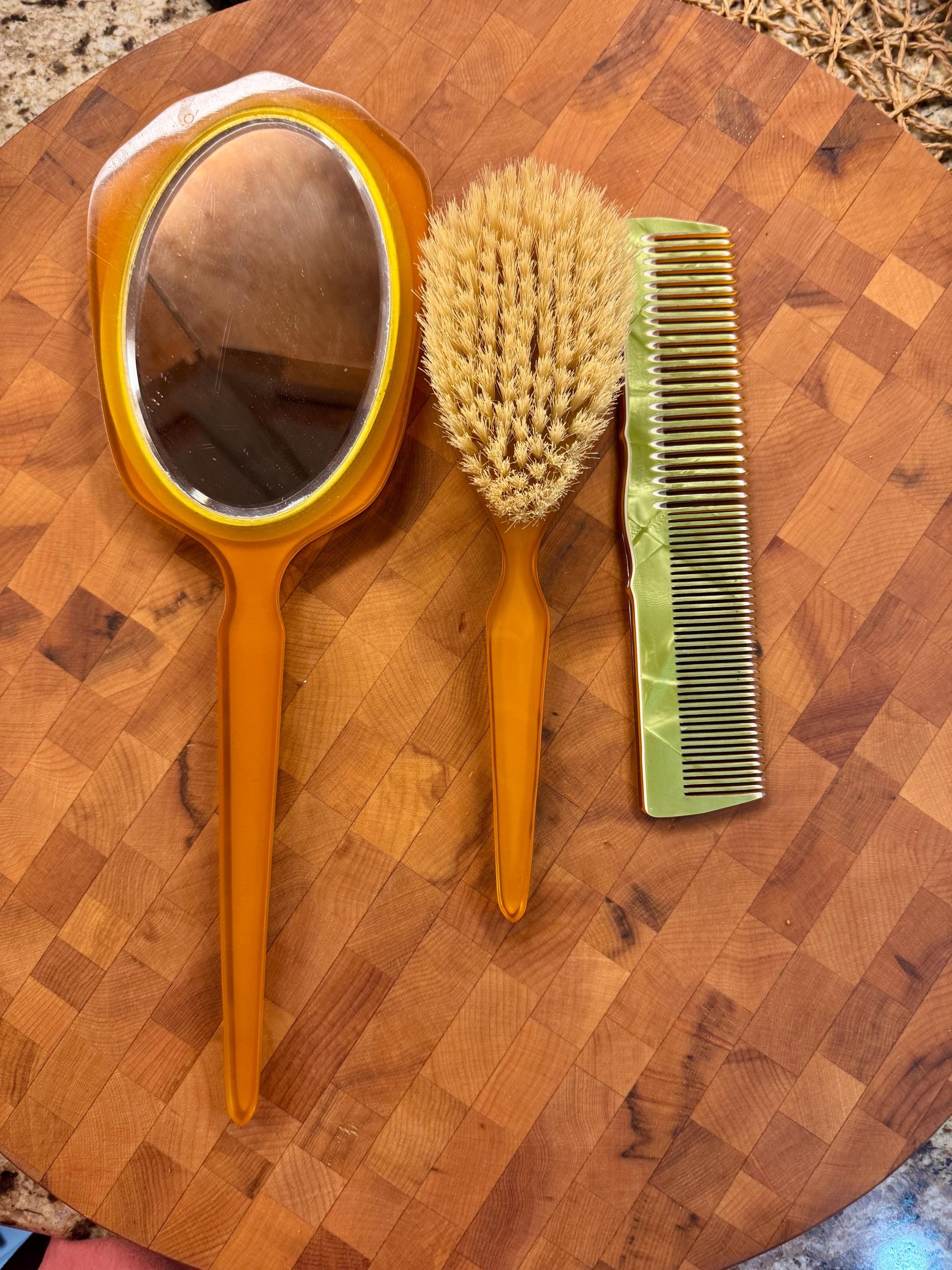 Celluloid Vintage Gold Comb, Brush, and Mirror Set Mirror Comb Set In Collectible Vanity Accessories for sale  main image 3