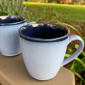 Nova Blue Sango Coffee Cups Stoneware Mugs Cobalt and Light  Blue Glaze Mugs Sango #4934 Set of 2 B5B