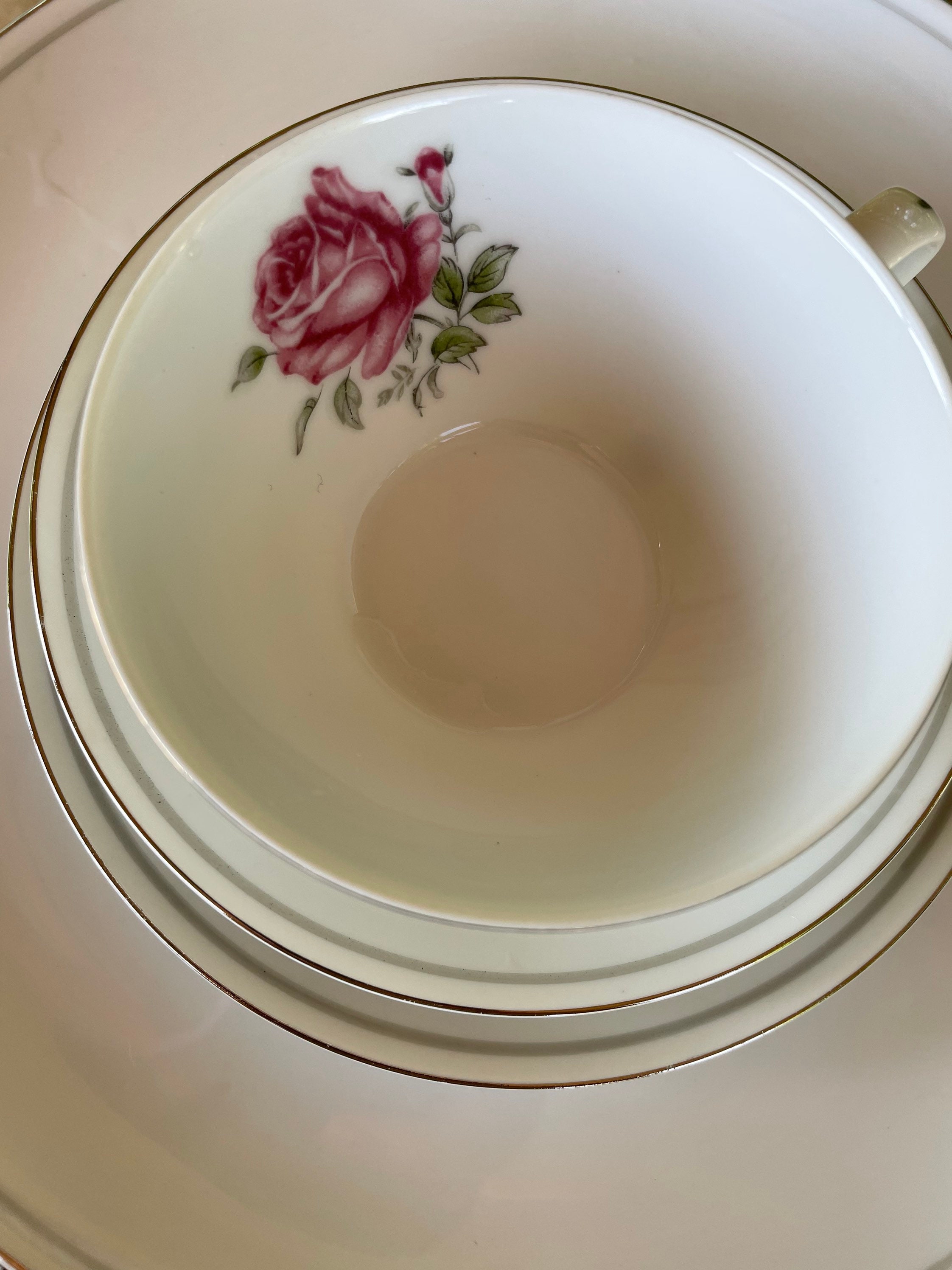 Imperial Rose China Dinnerware Set for 4: Pink Roses, Silver Trim