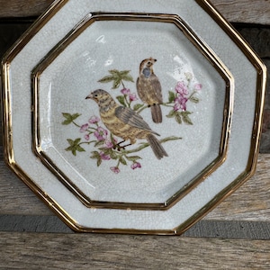 Puede incluir: Un plato octogonal de cerámica blanca con borde dorado y esmalte craquelado. El plato presenta un diseño pintado a mano de dos pájaros posados en una rama con flores rosas.