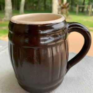 Brown Stoneware Barrel Mugs Primitive Pottery Coffee Cups Keg Shape Beige Inside Vintage 1940s-1950s Numbered 231