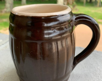 Brown Stoneware Barrel Mugs Primitive Pottery Coffee Cups Keg Shape Beige Inside Vintage 1940s-1950s Numbered 231