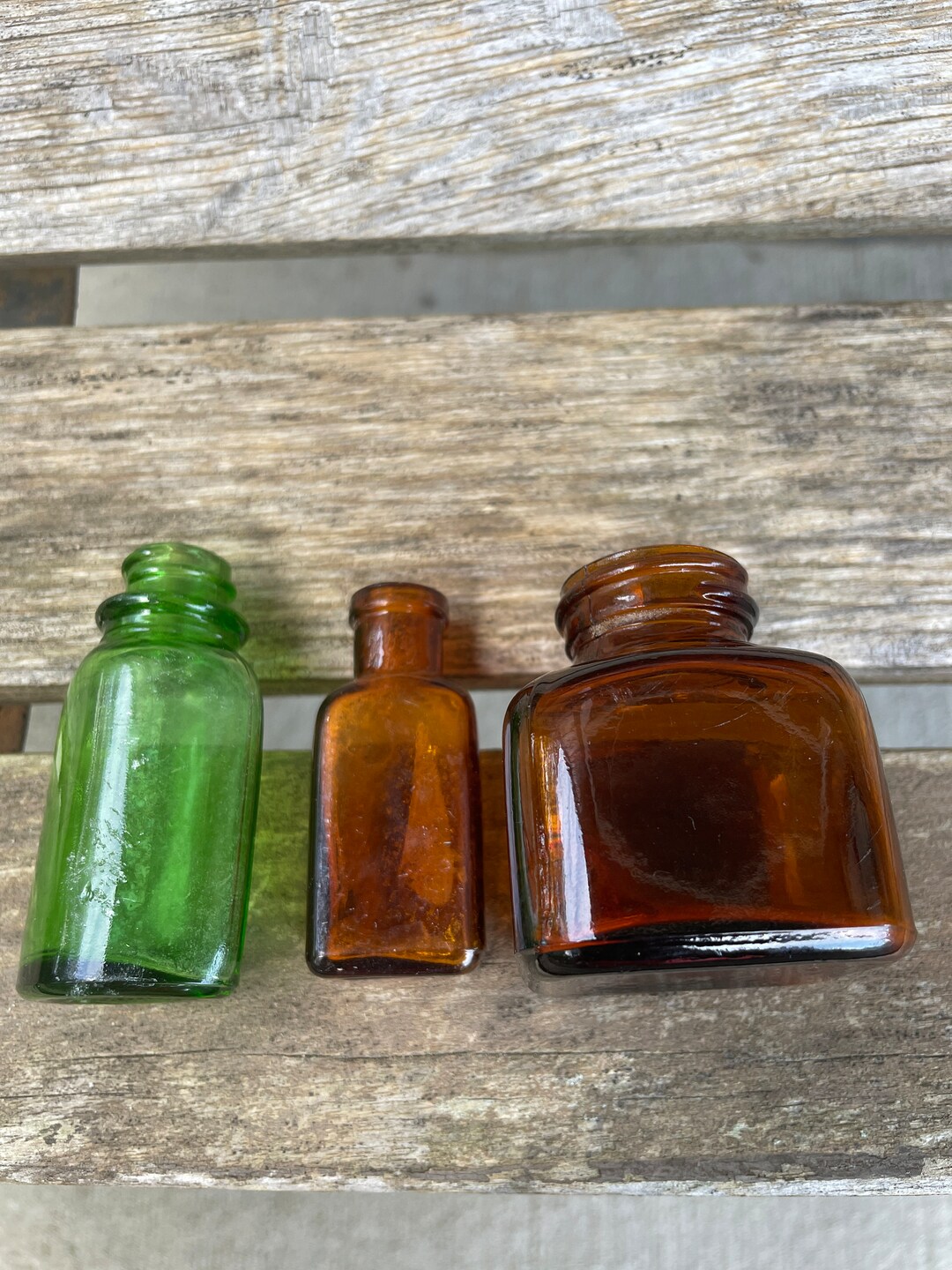 Antique Colored Glass Medicine Bottles Green and Brown Glass Old