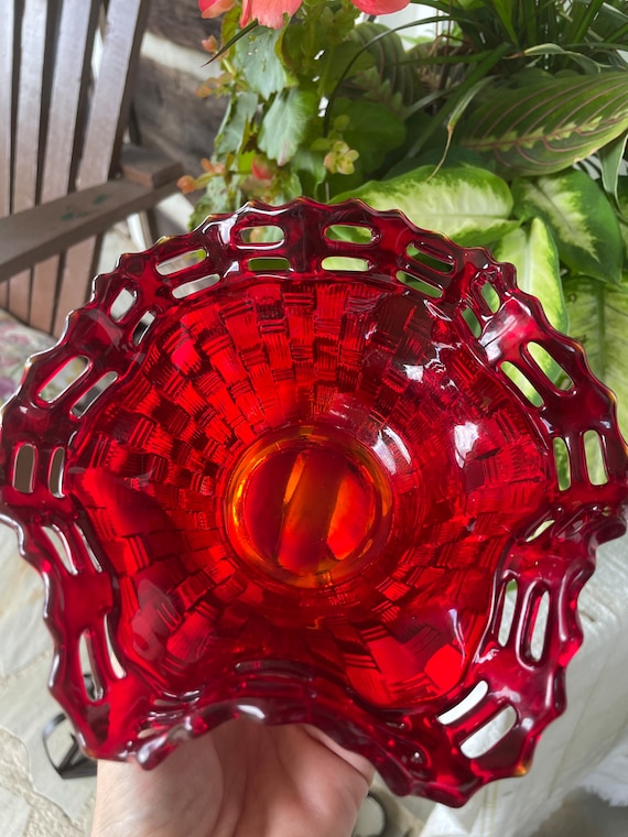 Vintage Fenton Amberina Glass Bon Bon Dish: Red Carnival Basket