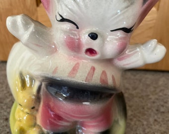 1940s Pottery Kitten Planter: Vintage Anthropomorphic Cat and Bunny Decor