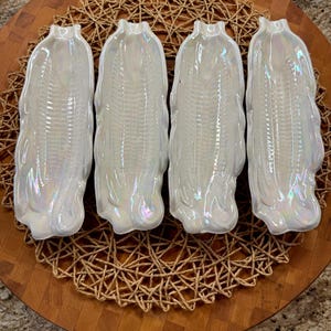 Iridescent White Corn on the Cob Dishes: Pottery Serving Set of 4