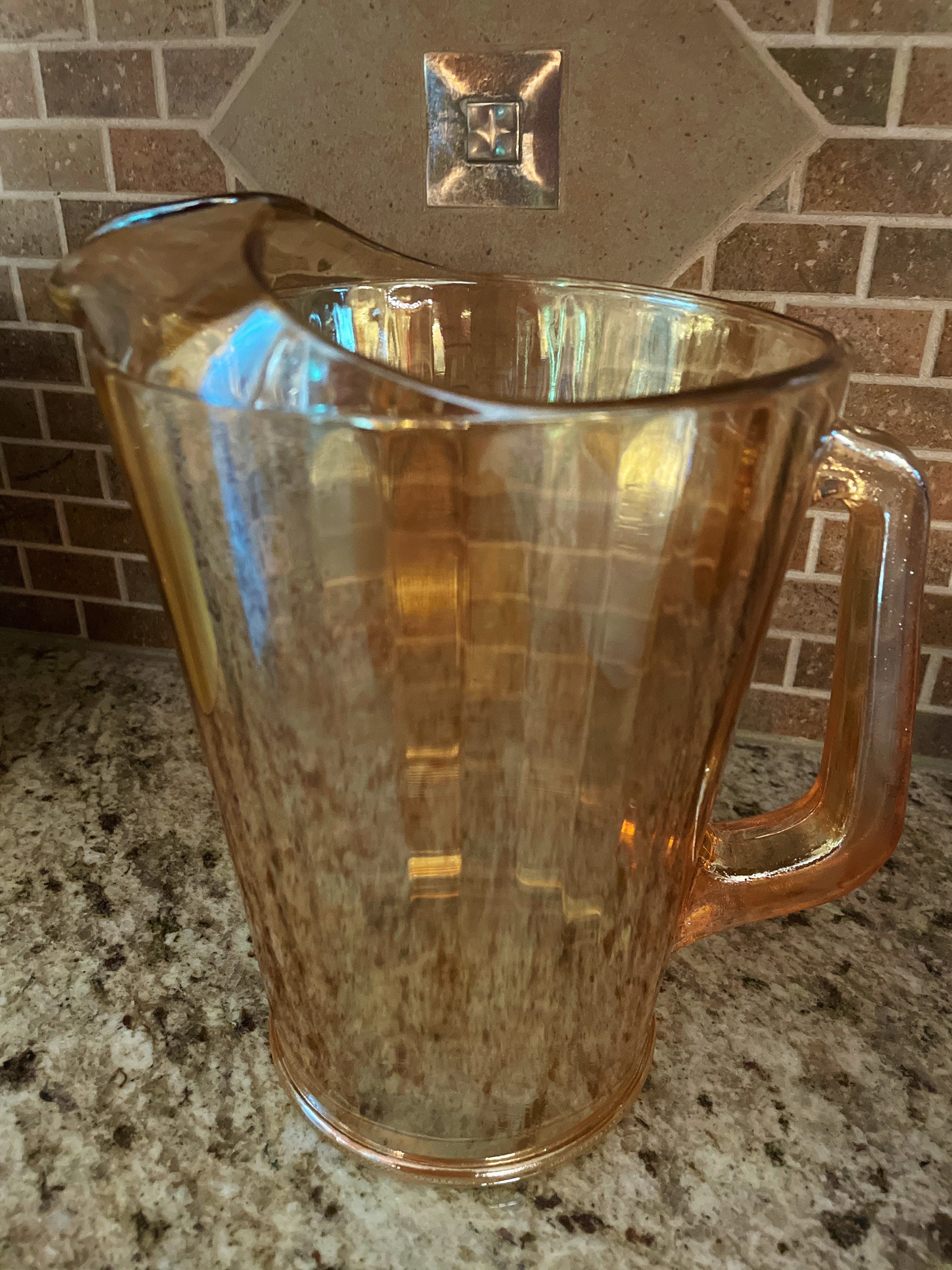 Vintage Peach Opalescent Glass Pitcher Iridescent Lustreware Glass Pitcher Ribbed Sides Large Glass Lemonade Pitcher, T11 READ DETAIL